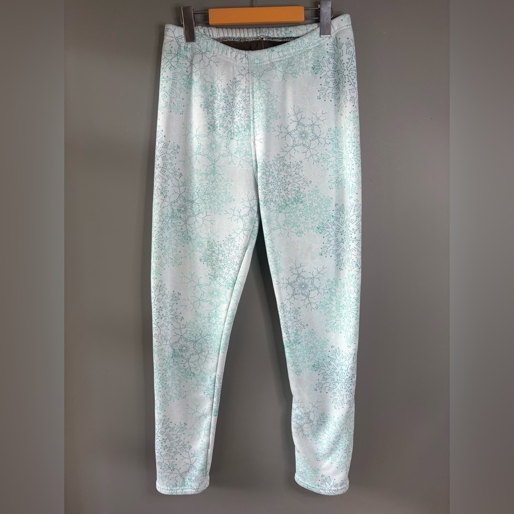 Just Cozy, fleece lined thick leggings size XL, teal snowflake pattern, stretchy